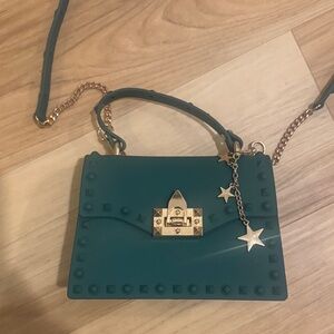 Green Rubber Designer Women's Bag with Gold Accents